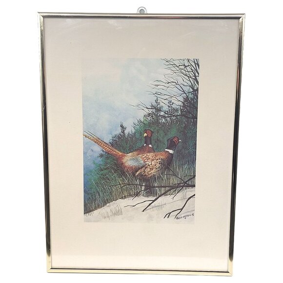Vintage Marvin Campbell 82 Pheasant Print In Gold Metal Frame - Picture 1 of 4
